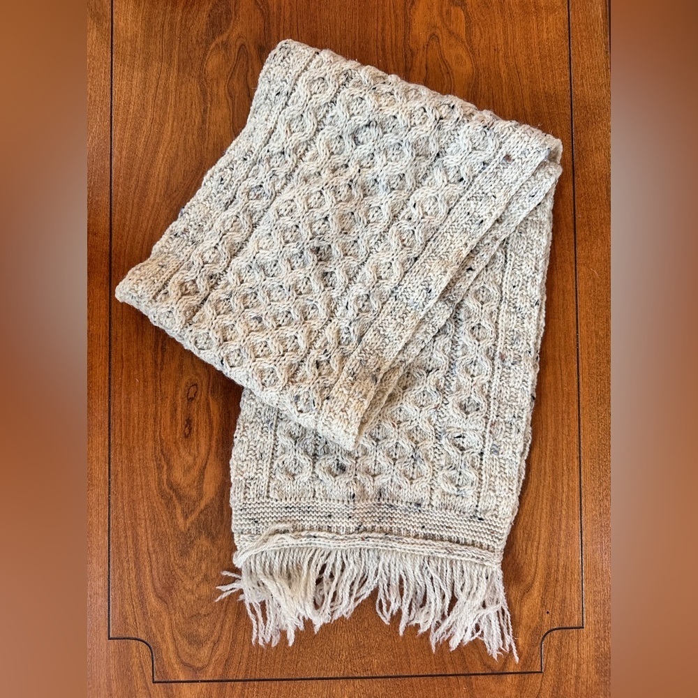 Vintage 1990s Aran Crafts Ireland Cable Knit Wool Scarf | Hand-Fringed